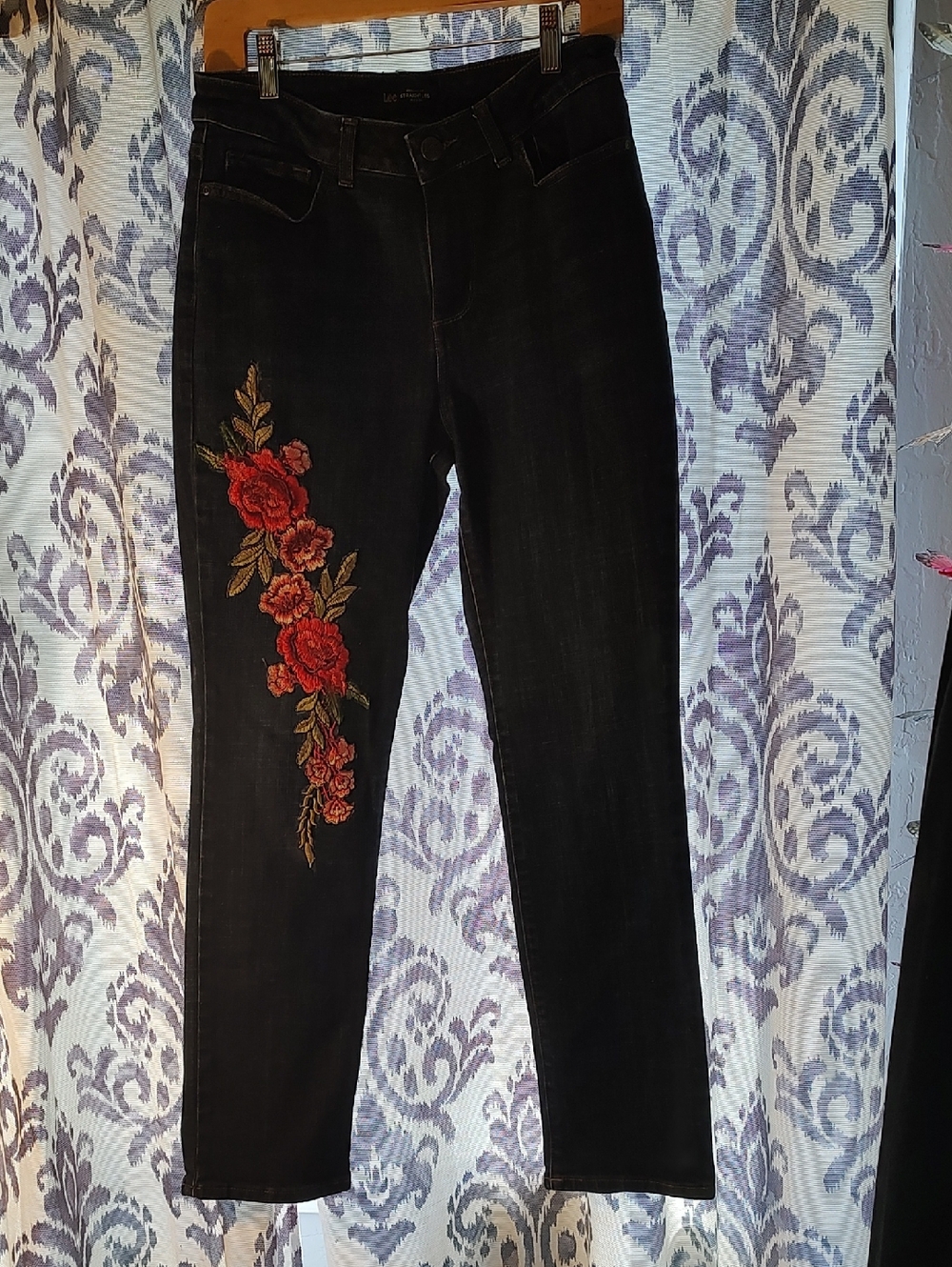 Lee Skinny Jeans with Red Floral Embroidery